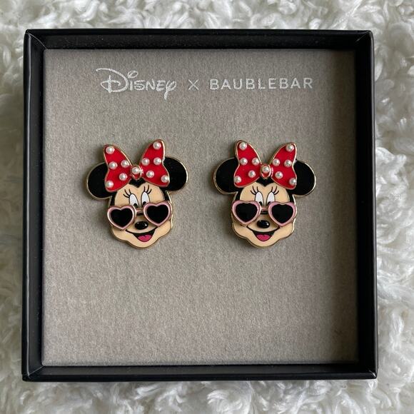 Disney Baublebar Minnie Mouse Heart Glasses Mini Pearls Stud Earrings NEW Red - Picture 1 of 7